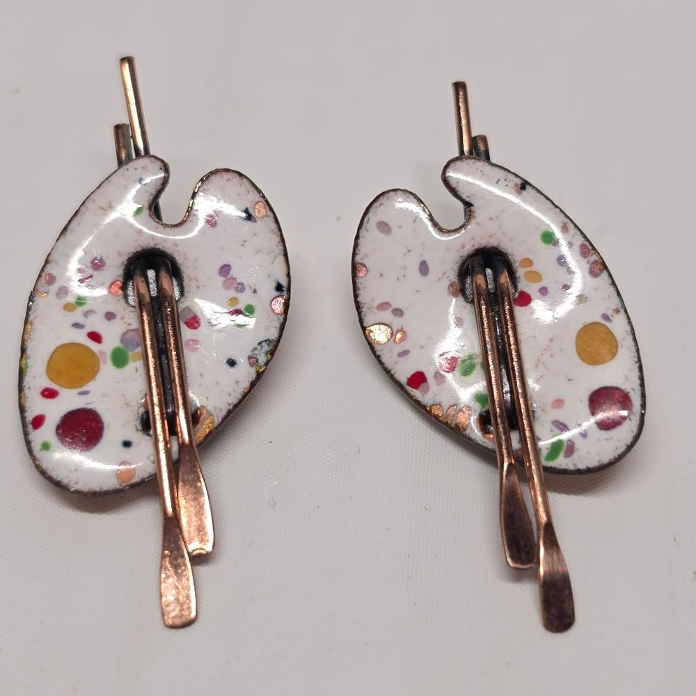Matisse Enamel Copper Artist Palette Clip On Earrings Vintage Jewelry White - Picture 2 of 6
